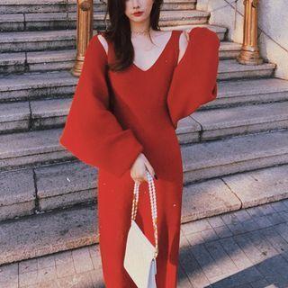 Cardigan / Sleeveless Midi Sheath Knit Dress