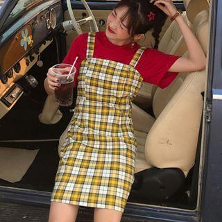 Short-sleeve T-shirt / Plaid Wide-strap A-line Dress