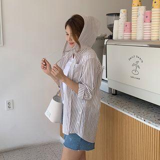 Hooded Button-side Stripe Shirt