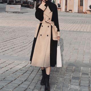 Color Block Double-breasted Tie-waist Coat