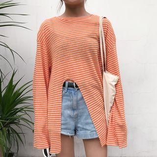 Striped Side Slit Long Sleeve T-shirt