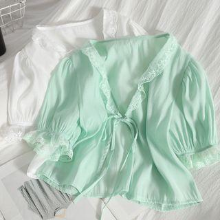 Short-sleeve Lace Trim Tied Blouse