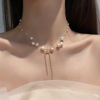Faux Pearl Necklace Necklace - Bow - Faux Pearl - White - One Size