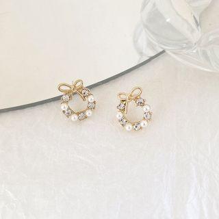 Bow Rhinestone Faux Pearl Alloy Earring 1 Pair - Gold - One Size