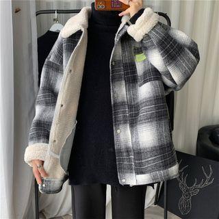 Plaid Fleece-lined Button-up Jacket