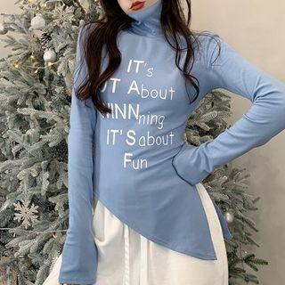 Asymmetrical High-neck Lettering Long-sleeve Top