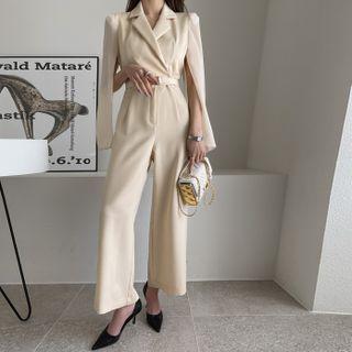 Tulle-cape Notch-collar Jumpsuit With Belt