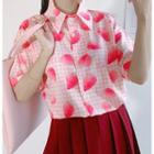 Strawberry Print Plaid Elbow-sleeve Shirt As Shown In Figure - One Size