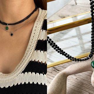 Faux-gem Tiered Ball Chain Necklace Black - One Size