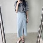 Denim Midi A-line Skirt / Short-sleeve T-shirt