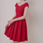 Cap-sleeve V-neck Mini A-line Pleated Dress