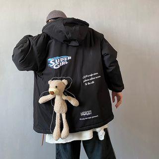 Lettering Bear Plush Hooded Zip Jacket