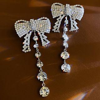 Rhinestone Bow Drop Earring 1 Pair - Silver Stud - Silver - One Size