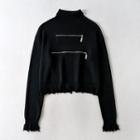 Mock-turtleneck Ruffle Trim Knit Top Black - One Size