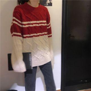 Two Tone Loose Cable Knit Top Red - One Size