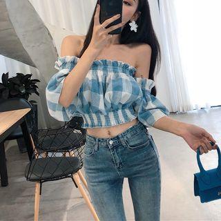 Off-shoulder Plaid Elbow-sleeve Top Blue - One Size