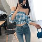 Off-shoulder Plaid Elbow-sleeve Top Blue - One Size