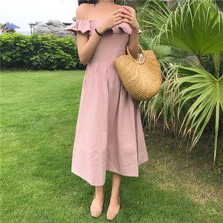 Frilled Off-shoulder A-line Midi Dress