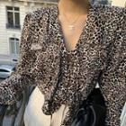Lace-up Ruffled Leopard Blouse Brown - One Size
