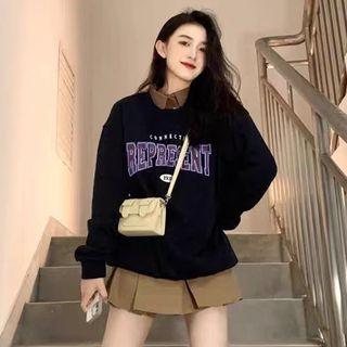 Plain Shirt / Lettering Sweatshirt / Plaid Pleated Skirt