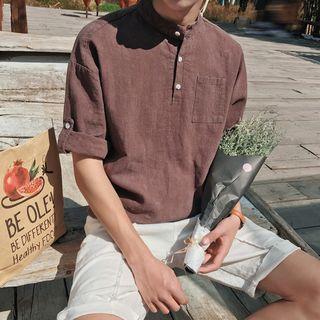 Elbow-sleeve Button Neck T-shirt