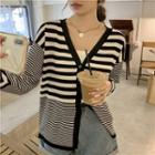 Long Sleeve V-neck Striped Knit Cardigan Black - One Size