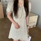 Short-sleeve Flower Print Midi A-line Dress Floral - White - One Size