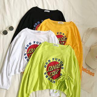 Lettering Ruched Long-sleeve Cropped Top
