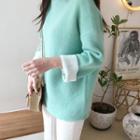 High-neck Furry Knit Top Mint Green - One Size