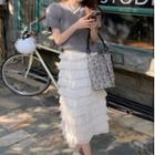 Short-sleeve Crew Neck Knit Top / Layered Midi A-line Dress
