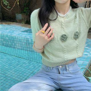 Short-sleeve Floral-accent Knit Top Floral - Green - One Size