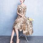 Off-shoulder Elbow-sleeve Dip-back A-line Dress