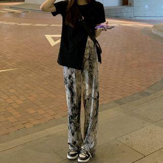 Short-sleeve Plain Side-slit T-shirt / High-waist Dyed Wide-leg Pants