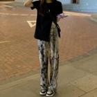 Short-sleeve Plain Side-slit T-shirt / High-waist Dyed Wide-leg Pants