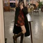 Ribbed Cardigan / Argyle Print A-line Skirt / Coat