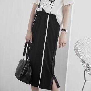 Button-side Colorblock Midi Skirt
