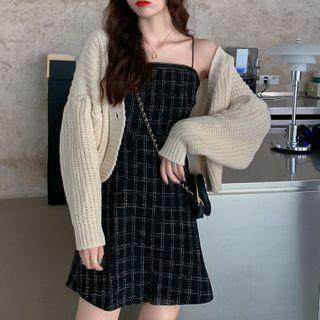 Long-sleeve Open Knit Cardigan / Spaghetti-strap Plaid Dress