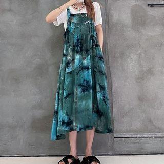 Tie-dyed Asymmetrical Midi A-line Overall Dress Blue - One Size