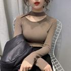Choker-neck Long-sleeve Ribbed Top