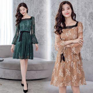 Square-neck Long-sleeve Lace A-line Dress