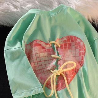 Elbow-sleeve Heat Print Lace-up T-shirt