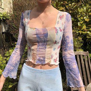 Floral Print Square-neck Long-sleeve Crop Top