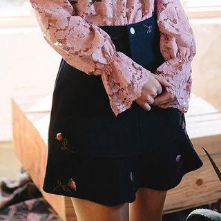 Ruffle-hem Flower-embroidered Mini Skirt
