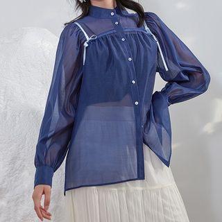Organza Drawstring Long-sleeve Blouse