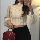 Long-sleeve Chiffon Paneled Cable Knit Cropped Top