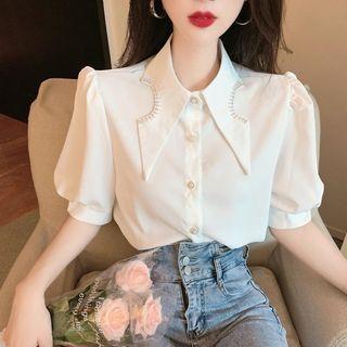 Short-sleeve Collared Chiffon Blouse White - One Size