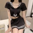 Set: Short-sleeve Sailor Collar Crop Top + Mini A-line Skirt