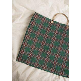 Metal-handle Tartan-plaid Fabric Tote