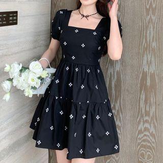 Puff-sleeve Square-neck Embroidered Mini A-line Dress