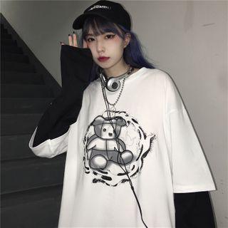 Long-sleeve Panel Bear-print T-shirt
